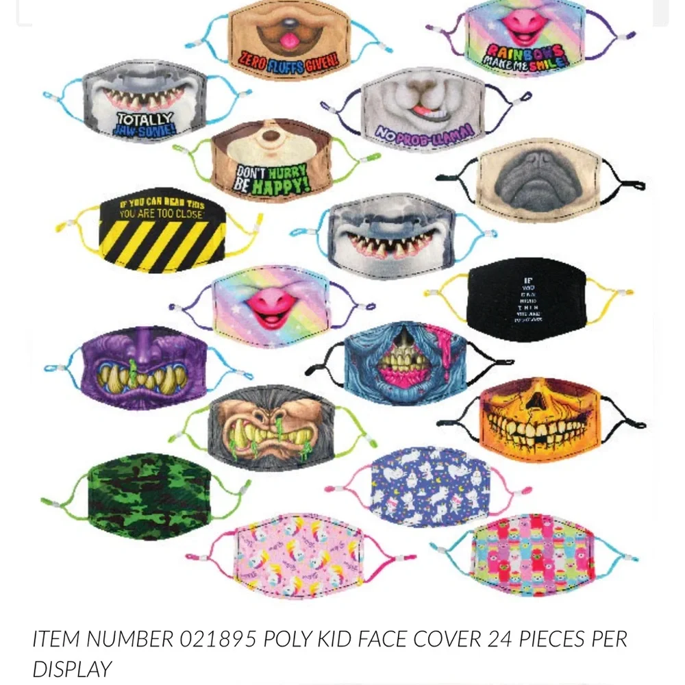 NOVELTY INC POLY KID FACE COVER 24 PIECES PER DISPLAY 21895